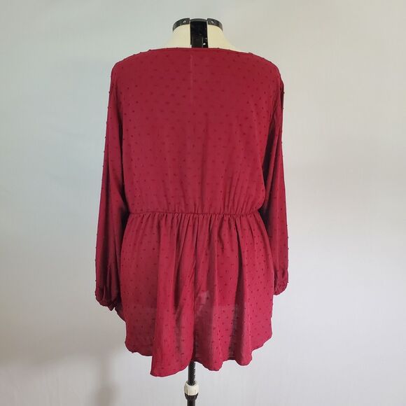 Bloomchic Blouse Women's 3X Burgundy Long Sleeve Button Detail Fabric Dots NWT - Picture 4 of 8